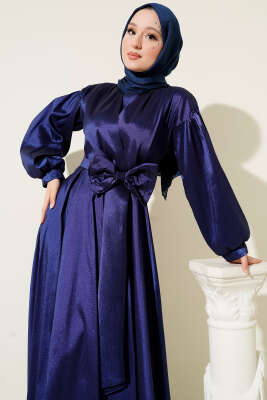 Kurdele Kuşaklı Abiye Elbise Lacivert - Tesettür Elbise