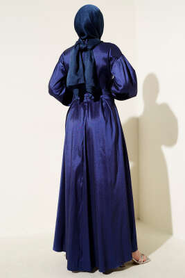 Kurdele Kuşaklı Abiye Elbise Lacivert - Tesettür Elbise