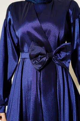 Kurdele Kuşaklı Abiye Elbise Lacivert - Tesettür Elbise