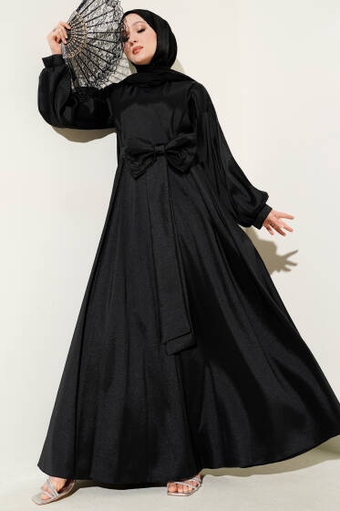 Kurdele Kuşaklı Abiye Elbise Siyah - Elbise