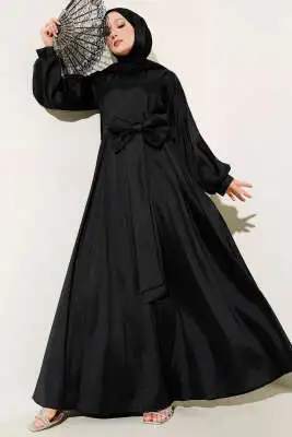 Kurdele Kuşaklı Abiye Elbise Siyah 