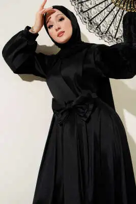 Kurdele Kuşaklı Abiye Elbise Siyah - Tesettür Elbise