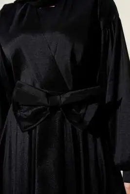 Kurdele Kuşaklı Abiye Elbise Siyah - Tesettür Elbise