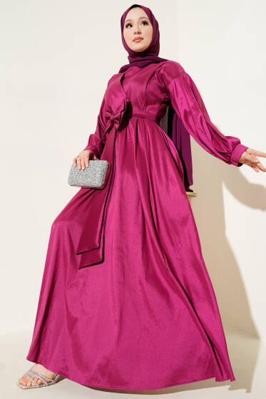 Kurdele Kuşaklı Abiye Elbise Vişne - Elbise