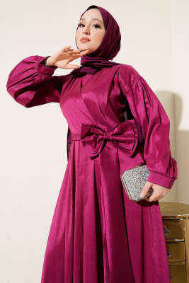 Kurdele Kuşaklı Abiye Elbise Vişne - Tesettür Elbise