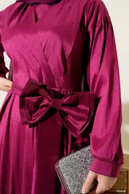 Kurdele Kuşaklı Abiye Elbise Vişne - Tesettür Elbise