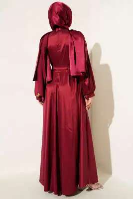 Kurdele Kuşaklı Elbise Bordo - Elbise