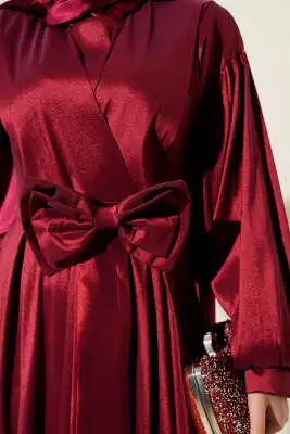 Kurdele Kuşaklı Elbise Bordo - Elbise