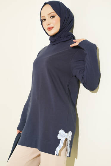 Kurdele Nakışlı Bisiklet Yaka Tunik Lacivert - Tunik