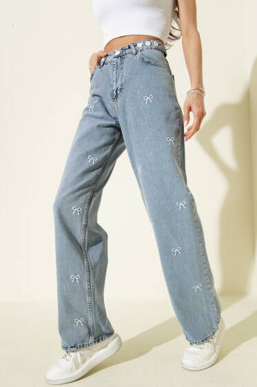 Kurdele Nakışlı Palazzo Kot Pantolon Açık Mavi - Kadın Giyim Modelleri