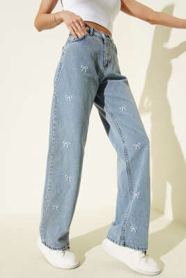 Kurdele Nakışlı Palazzo Kot Pantolon Açık Mavi - Kadın Giyim Modelleri