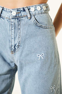 Kurdele Nakışlı Palazzo Kot Pantolon Açık Mavi - Kadın Giyim Modelleri