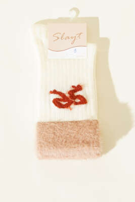 Kurdele Sakallı Detaylı Kadın Soket Çorap Ekru - Soket Çorap