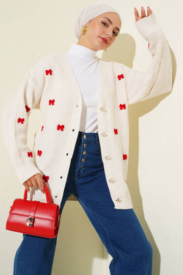 Kurdele Süslemeli Triko Hırka Bej - Hırka