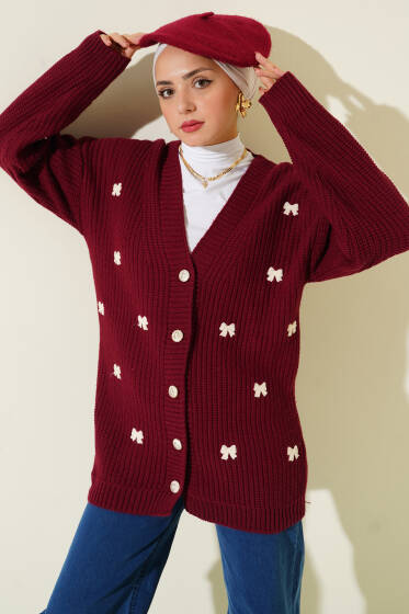 Kurdele Süslemeli Triko Hırka Bordo - Hırka