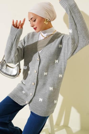 Kurdele Süslemeli Triko Hırka Gri - Hırka