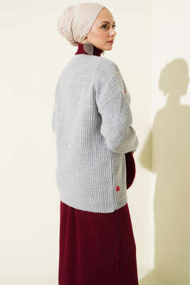 Kurdele Süslemeli Triko Hırka Gri - Hırka