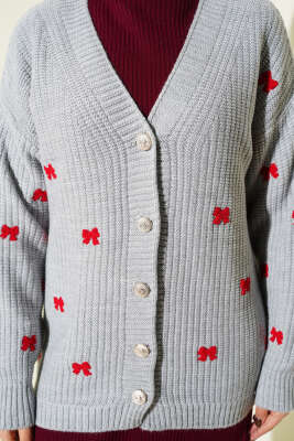 Kurdele Süslemeli Triko Hırka Gri - Hırka