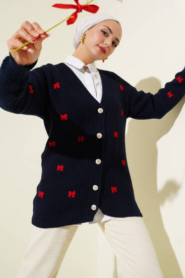 Kurdele Süslemeli Triko Hırka Lacivert - Hırka