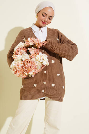 Kurdele Süslemeli Triko Hırka Vizon - Hırka