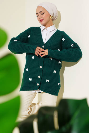 Kurdele Süslemeli Triko Hırka Zümrüt - Hırka