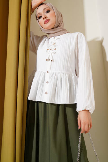 Kurdeleli Fırfır Detaylı Gömlek Beyaz - Gömlek