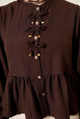 Kurdeleli Fırfır Detaylı Gömlek Kahve - Gömlek