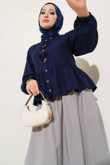 Kurdeleli Fırfır Detaylı Gömlek Lacivert - Gömlek