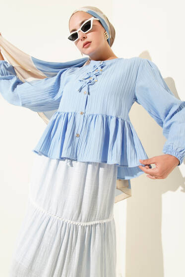 Kurdeleli Fırfır Detaylı Gömlek Mavi - Gömlek