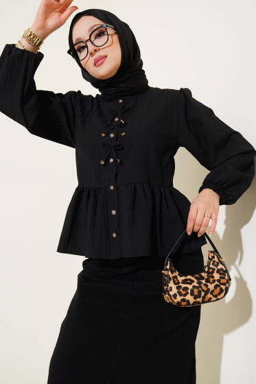 Kurdeleli Fırfır Detaylı Gömlek Siyah - Gömlek
