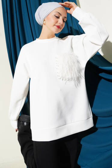 Kürk Cepli Scuba Tunik Beyaz - Tunik