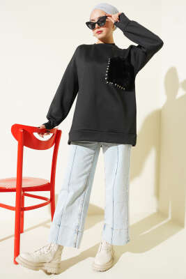 Kürk Cepli Scuba Tunik Siyah - Tunik