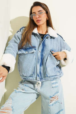 Kürk Detaylı Ceket Kot Mavisi - Kadın Giyim Modelleri