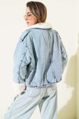 Kürk Detaylı Ceket Kot Mavisi - Kadın Giyim Modelleri