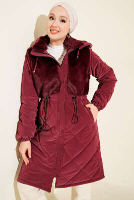 Kürk Detaylı Kapüşonlu Kapitone Mont Bordo - AYSEMA