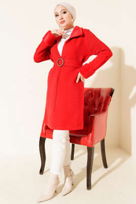 Kürk Detaylı Kemerli Triko Hırka Kırmızı - Hırka