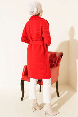 Kürk Detaylı Kemerli Triko Hırka Kırmızı - Hırka