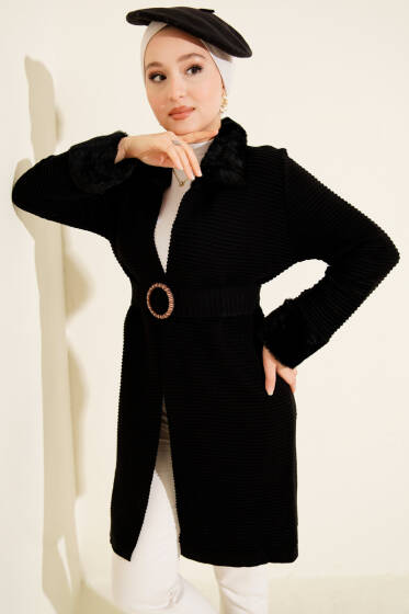 Kürk Detaylı Kemerli Triko Hırka Siyah - Hırka