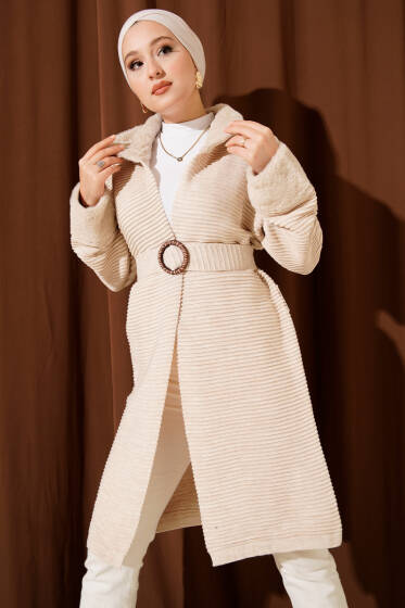 Kürk Detaylı Kemerli Triko Hırka Taş - Hırka