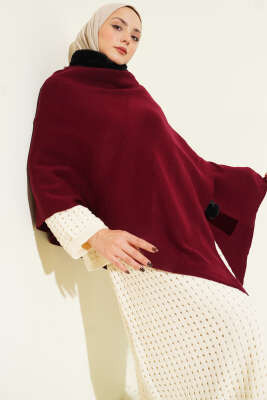 Kürk Detaylı Omuz Şalı Bordo - Omuz Şalı