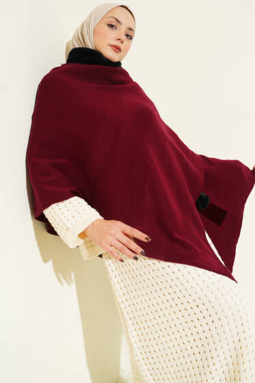 Kürk Detaylı Omuz Şalı Bordo - Omuz Şalı