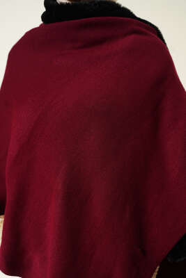 Kürk Detaylı Omuz Şalı Bordo - Omuz Şalı