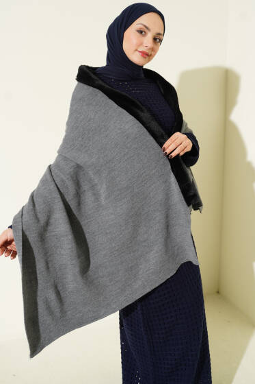 Kürk Detaylı Omuz Şalı Füme - Omuz Şalı