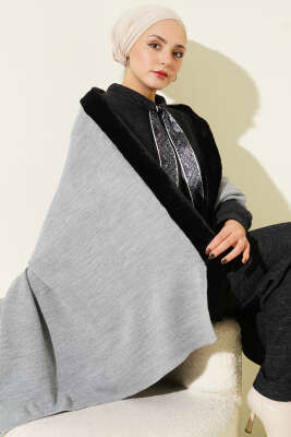 Kürk Detaylı Omuz Şalı Gri 