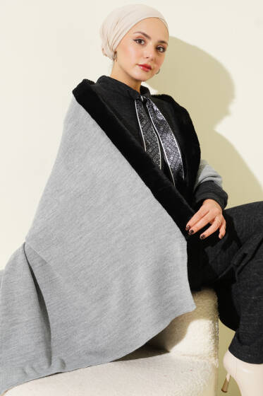 Kürk Detaylı Omuz Şalı Gri - Omuz Şalı