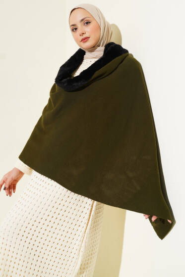 Kürk Detaylı Omuz Şalı Haki - Omuz Şalı