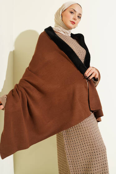 Kürk Detaylı Omuz Şalı Kahve - Omuz Şalı