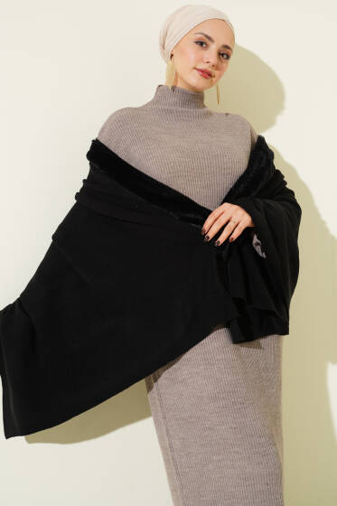 Kürk Detaylı Omuz Şalı Siyah - Omuz Şalı