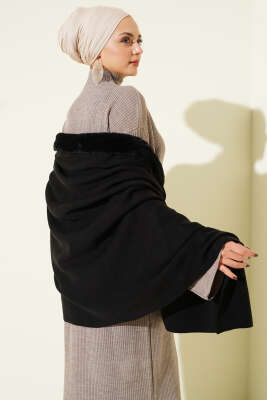 Kürk Detaylı Omuz Şalı Siyah - Omuz Şalı