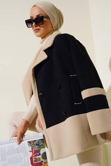 Kürk Detaylı Süet Kaban Siyah - Kaban